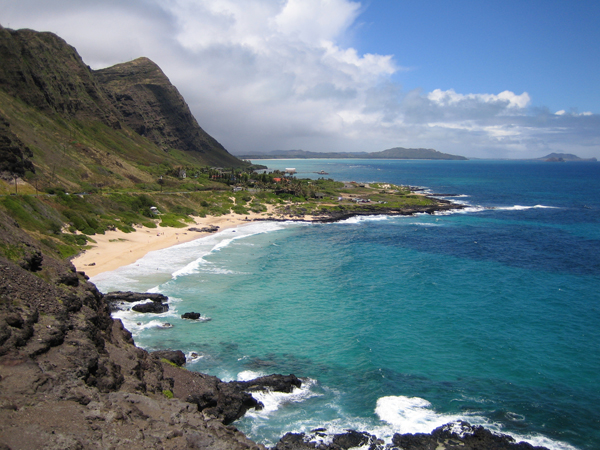 Photograph looking north from near Makapuu Point, Oahu, over Makapuu Beach and toward the beaches of Waimanalo and Bellows, Hawaii