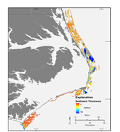 Thumbnail image of and link to larger image. Map showing thickness of modern sand on the inner continental shelf