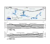 Thumbnail image of and link to larger image. Map and seismic trackline data showing network of tidal creek lithosomes preserved on the inner continental shelf.
