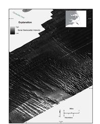 Thumbnail image of and link to larger image. Map showing a region of sorted bedforms on the inner continental shelf off Ocracoke Inlet, between Cape Hatteral and Cape Lookout as imaged by sidescan sonar.
