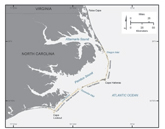 Thumbnail image of and link to larger image.  Map showing overview of study area including National Park,s inlets, and major water bodies