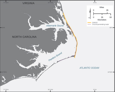 Map showing GPR and SWASH shoreline position surveys on barrier islands