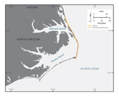 Thumbnail image of and link to larger image.  Map showing GPR and SWASH shoreline position surveys on barrier islands