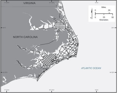 Map showing back-barrier geophysical trackline data for Albermarle, Pamlico and Core Sounds