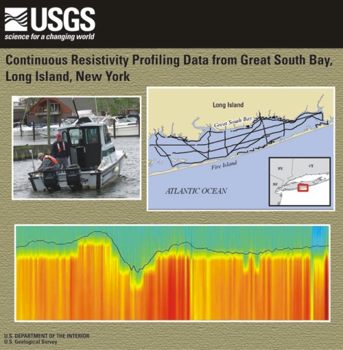 Report cover art showing a photograph of one survey vessel, a location map with survey tracklines, and a sample JPEG of a continuous resistivity profile.