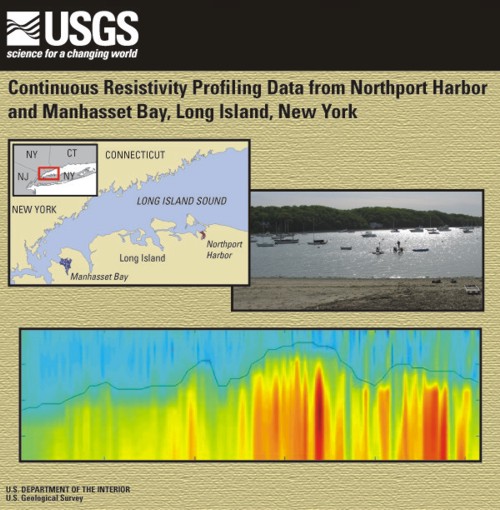 Report cover art showing a location map, photograph of Manhasset Bay, and a sample JPEG of a continuous resistivity profile.