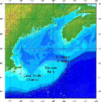 thumbnail image and link to larger image of a shaded relief image representing bathymetry grid for the gulf of maine