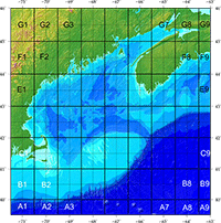 thumbnail image and link to larger image of a map showing locations  of the working sub-regions in the gulf of maine bathymetry grid