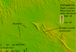 Thumbnail image of figure 22 and link to larger figure. Bathymetry image of boulders and sand waves in the study area.