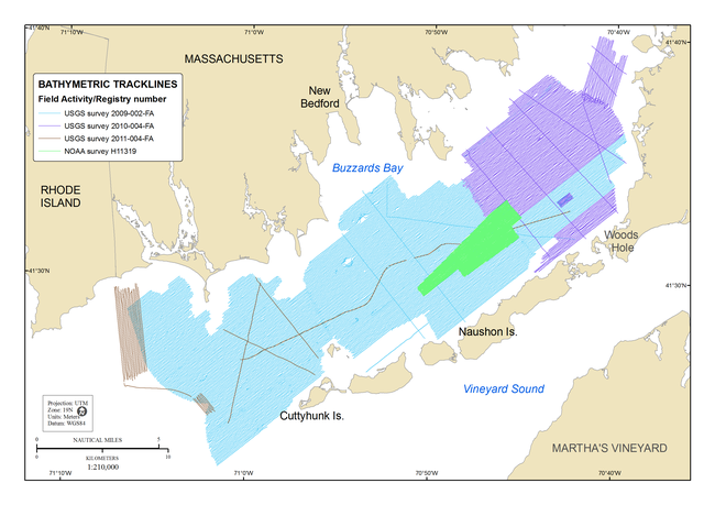 Figure 3, a map showing tracklines along which bathymetric depth data were collected in the Buzzards Bay survey area.