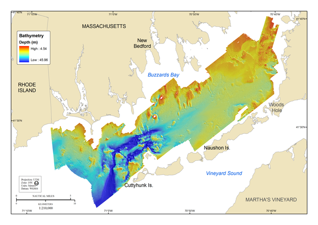 Figure 4, a map showing depth-colored shaded-relief bathymetry of the seafloor in the Buzzards Bay survey area.
