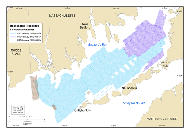 Figure 5, a map showing tracklines along which acoustic-backscatter data were collected in the Buzzards Bay survey area.