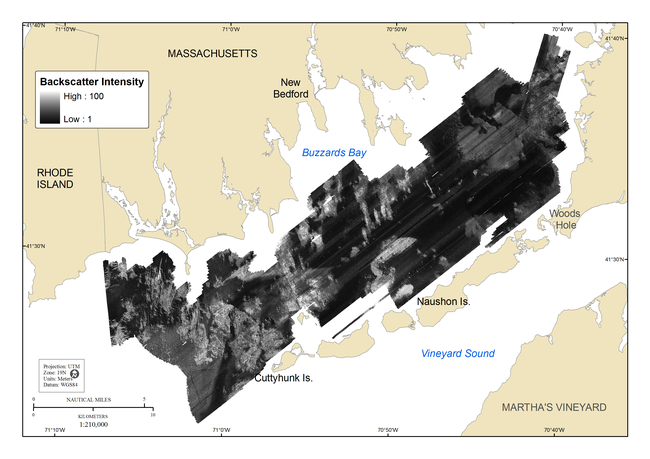 Figure 6, a map showing acoustic-backscatter intensity of the seafloor in the Buzzards Bay survey area.