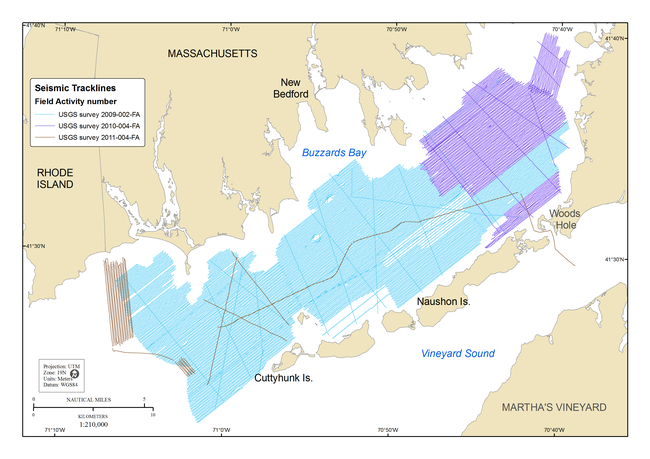 Figure 7, a mMap showing tracklines along which seismic reflection profiles were collected in the Buzzards Bay survey area.