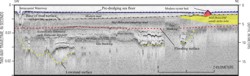 Thumbnail image for Figure 2, seismic-reflection profile showing the four surfaces, and link to larger image.