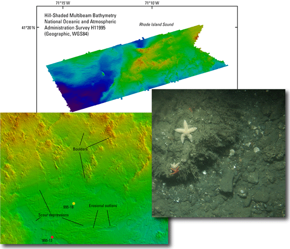 Images of multibeam bathymetry and bottom photograph from the study area in Rhode Island Sound