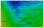 Thumbnail image of figure 21 and link to larger figure. An image of bathymetric data showing the submerged moraine.