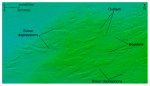 Thumbnail image of figure 25 and link to larger figure. An image of bathymetric data showing scour on the southeast edge of the study area.