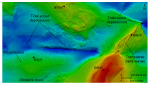 Thumbnail image of figure 29 and link to larger figure. Image of bathymetric data showing tidal scour depressions in the study area.