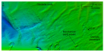Thumbnail image of figure 32 and link to larger figure. Image of bathymetric data showing barchanoid sand waves in the study area.