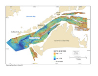 Thumbail image for Figure 3, map showing shaded relief bathymetry of the seafloor in vineyard sound survey area, and link to full-sized figure.