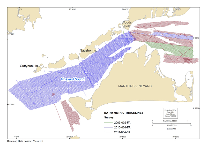 map showing tracklines where bathymetry data were collected in the vineyard sound survey area