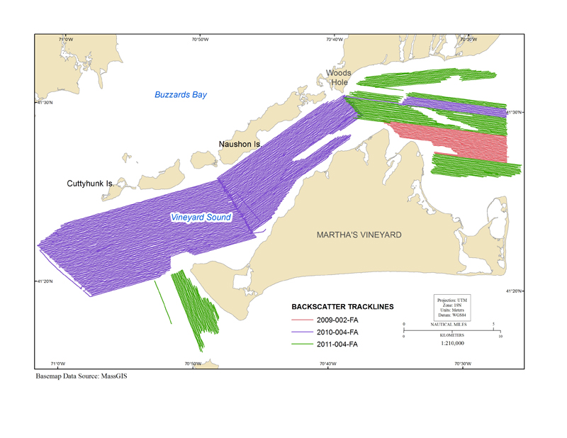 map showing tracklines where acoustic backscatter data were collected in the vineyard sound survey area