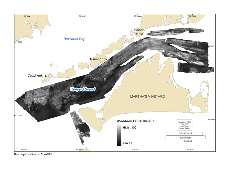 map showing acoustic backscatter intensity of the seafloor in the vineyard sound survey area