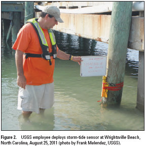 USGS employee deploys storm-tide sensor at Wrightsville Beach, North Carolina, August 25, 2011.