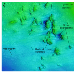 Thumbnail image of figure 23 and link to larger figure. A detailed image of multibeam bathymetry showing bedrock outcrops in the study area.