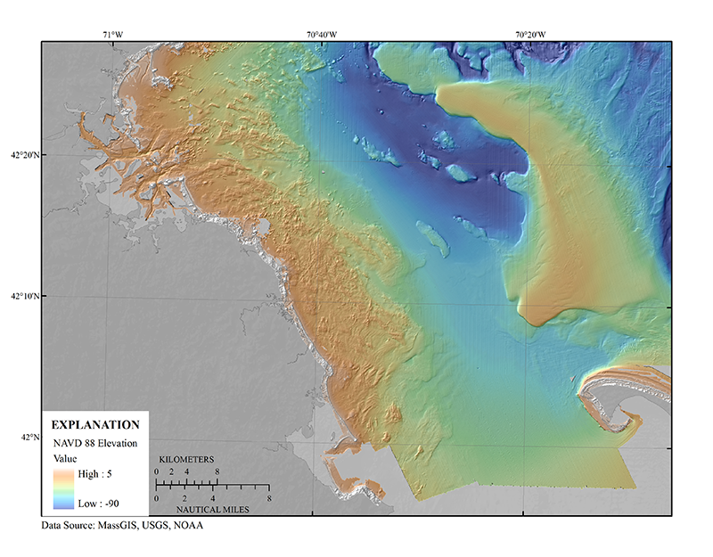 A digital elevation model (DEM) was produced from swath interferometric, multibeam bathymetry, and lidar at 30-meter resolution