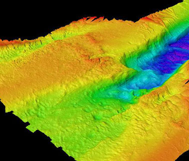 Three dimensional view of the bottom topography of a portion of Muskeget Channel, Massachusetts.