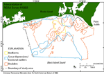 Thumbnail image of figure 13 and link to larger figure. A map showing areas of the sea floor interpreted to be bedforms, scour depressions and erosional outliers, and boulders.