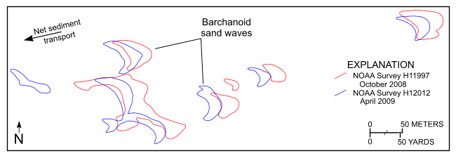 Figure 21. A map showing how sand waves in the study area have shifted over time.