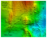 Thumbnail image of figure 14 and link to larger figure. Detailed bathymetry image of bedrock in the study area.