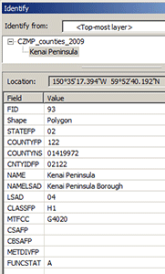 Screen capture of ArcMapTM Identify dialog showing attributes (described in text) for one county equivalent in Alaska.