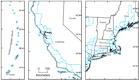 Maps showing Coastal Zone Management Program counties (blue outlines) in three of the areas covered by the dataset