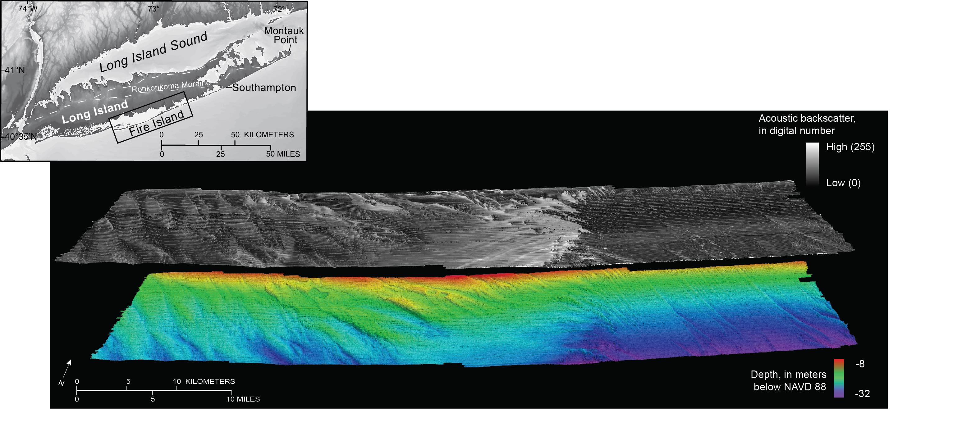image showing survey location and backscatter and bathymetry collected offshore of Fire Island, NY