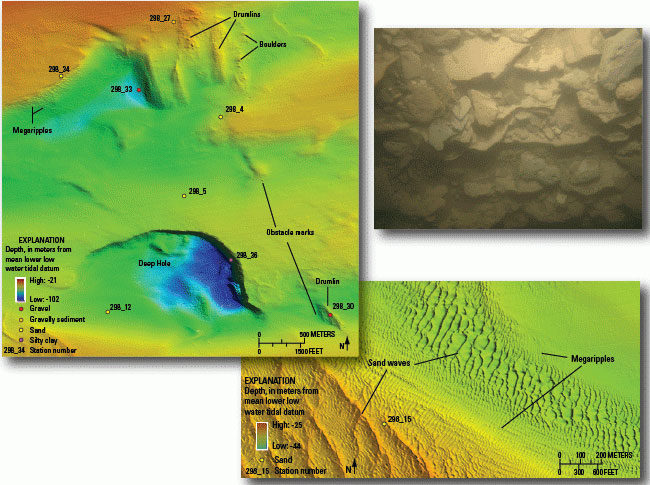 Images of multibeam bathymetry and a bottom photograph from the study area