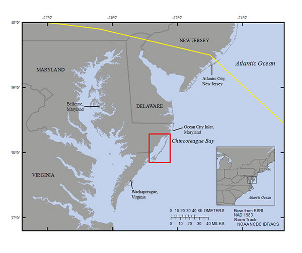 Regional map showing the location of Chincoteague Bay on the East Coast of the United States. The study area is indicated by the red box. Hurricane Sandy's storm track is indicated by the yellow line.