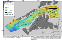 Thumbnail image for Figure 15, map showing the elevation of the late Wisconsinan regressive unconformity Ur, which identifies the eroded surface of Pleistocene glacial drift beneath Vineyard and western Nantucket Sounds and link to larger image.