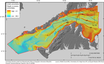 Thumbnail image for Figure 3, digital elevation model (DEM) produced from swath interferometric, multibeam, and single-beam bathymetry at 10-meter horizontal resolution, and link to larger image.