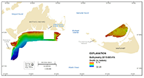 Figure 4.	Map showing depth-colored shaded-relief bathymetry of the seafloor in the survey area, south of Martha's Vineyard and north of Nantucket, Massachusetts.