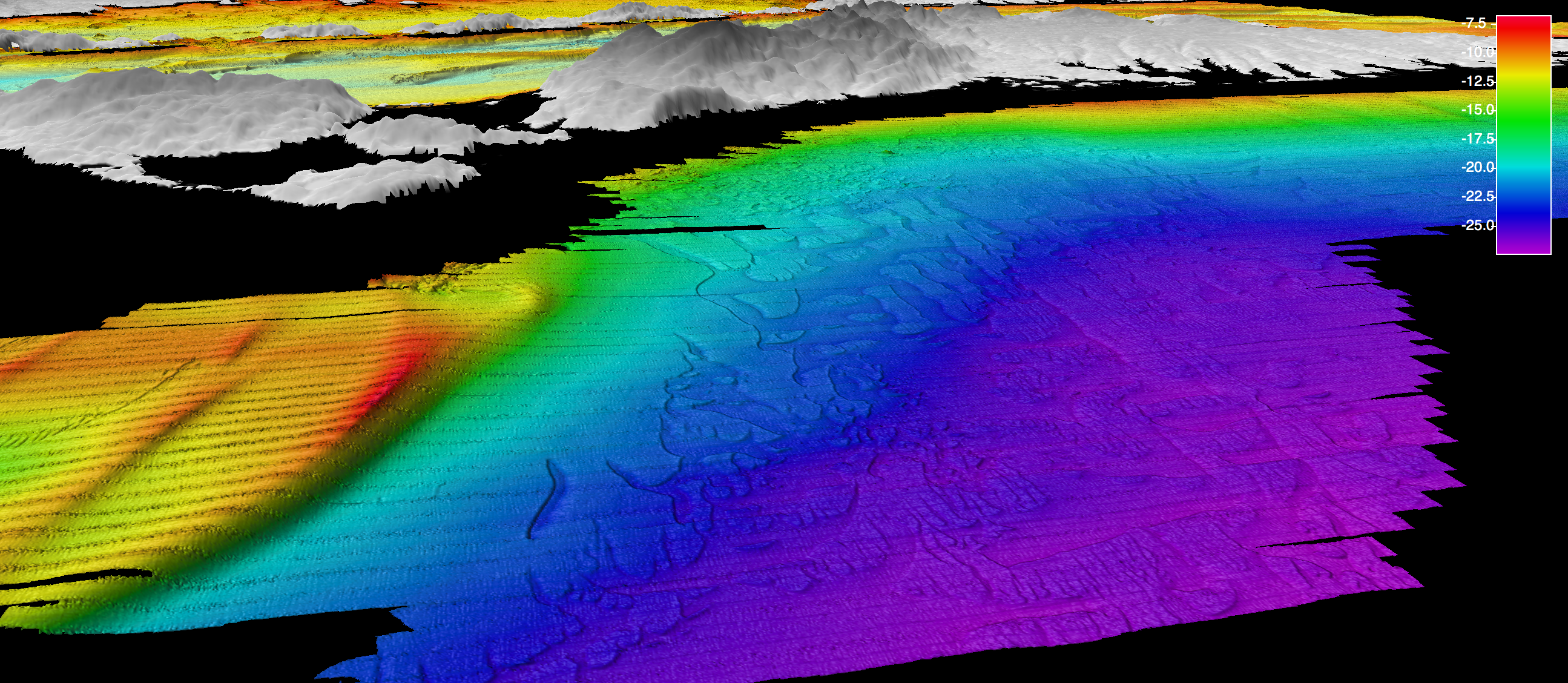 north looking oblique aerial view of bathymetry south of Marthas Vineyard