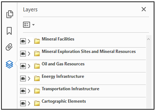 Folders shown are Mineral Facilities, Mineral Exploration Sites and Mineral Resources,
                     Oil and Gas Resources, Energy Infrastructure, Transportation Infrastructure, and Cartographic
                     Elements.