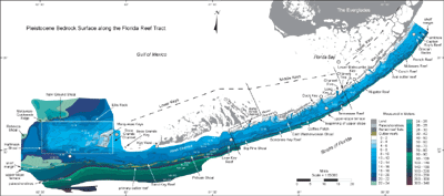Bedrock Surface map: Updated map of the bedrock surface shows contours of regional Pleistocene topography from the northern Florida Keys to west of The Quicksands. 