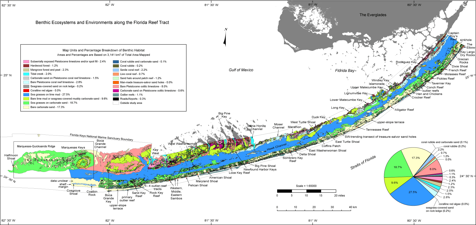 The benthic map shows 22 types of habitats identified from the northern Florida Keys to The Quicksands.