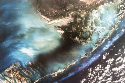 Enhanced Thematic Mapper Plus image, acquired in May 2000 from the Landsat 7 satellite, shows the four geographic components of the South Florida Ecosystem: the Everglades (south part), Florida Bay, the Florida Keys, and the reef tract.
