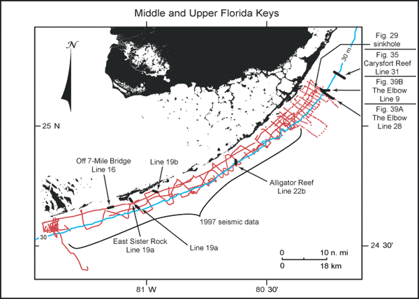 Index map shows USGS seismic tracklines (red) in the upper and middle Florida Keys and those portions of profile data selected (bold black) from the Tile 1 sector.