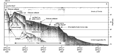 Seismic profile (1991) shows shelf-margin features at Carysfort Reef.